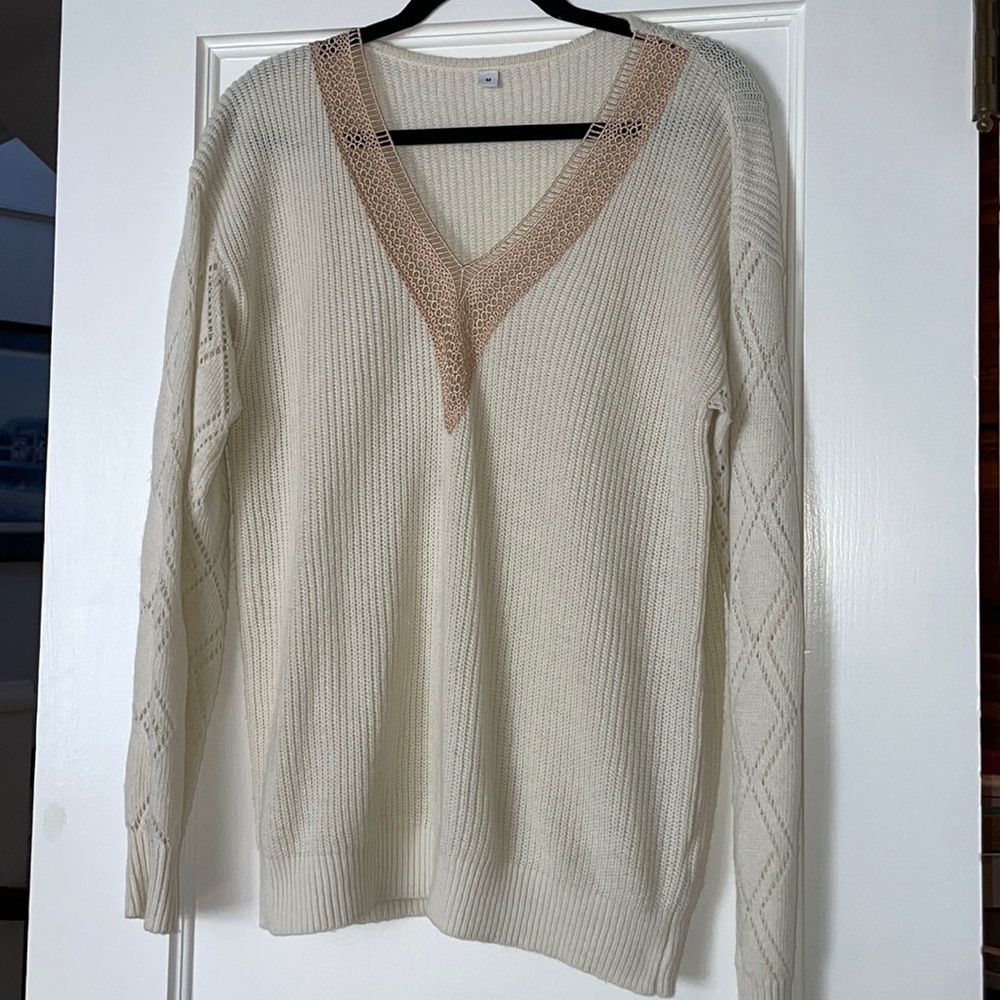 Boutique Cream Sweater with Crochet Detail